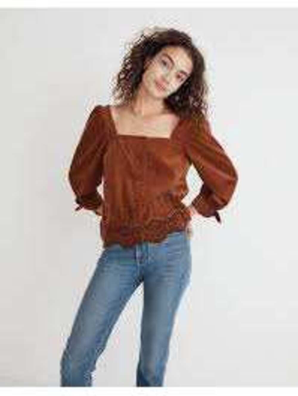 Madewell EUC Women's Embroidered Eyelet Corduroy Tie-Sleeve Top Warm Coffee L